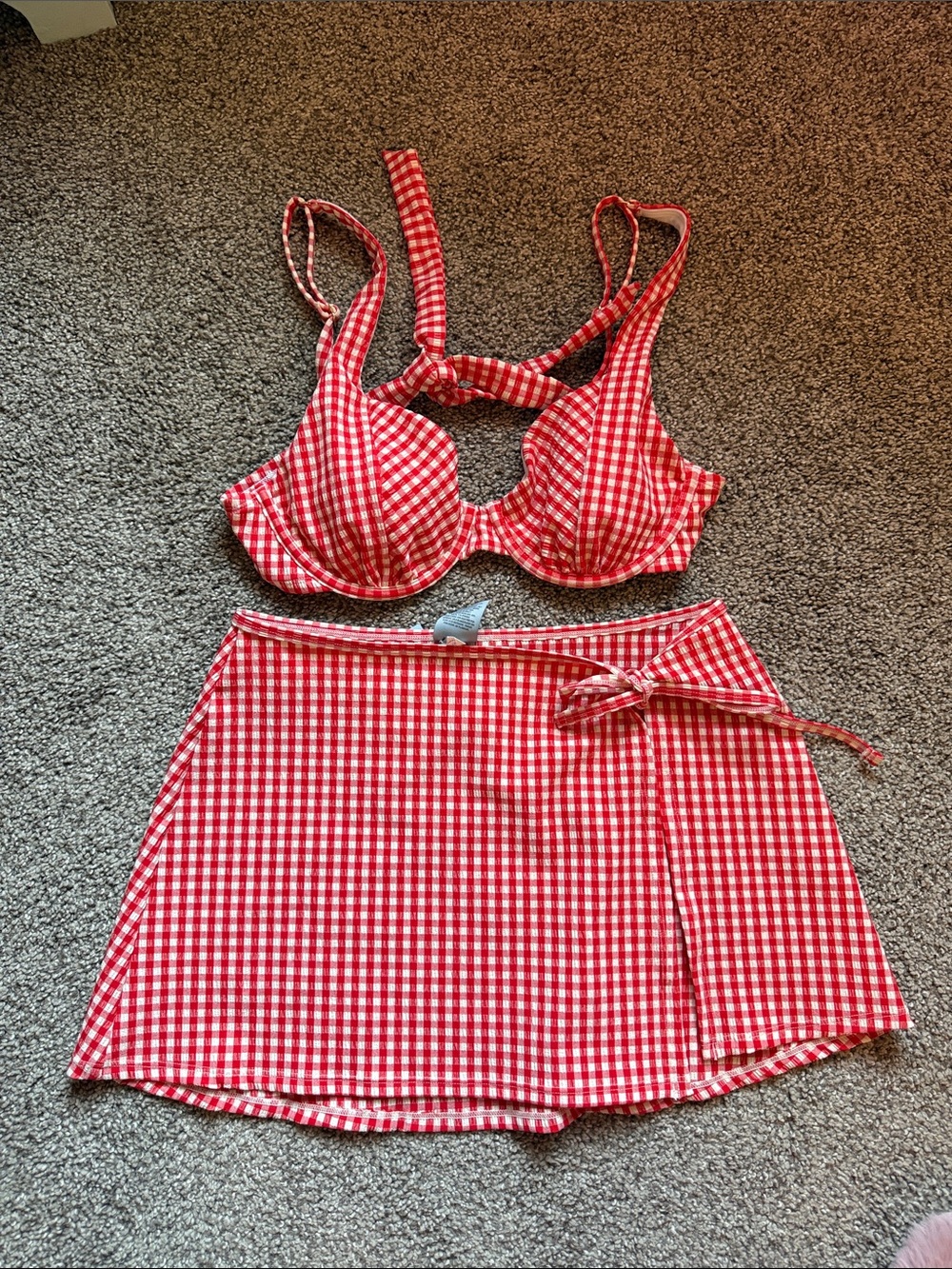 Shade & Shore Red Gingham Bikini Top and Cover up Skirt Set - no bottoms